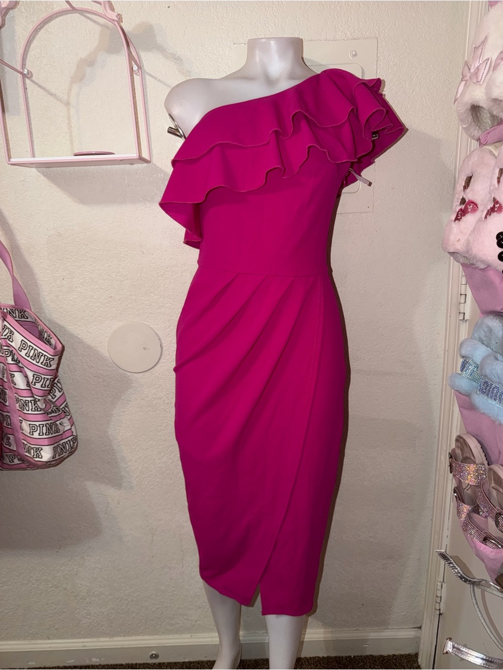Grace Karin One-Shoulder Ruffle Midi Dress in Fuchsia